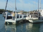 Louise and Guy wave goodbye from the dock in Hopetown as we leave