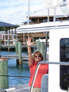 Sharon on Emerald Lady is docked next to us in Spanish Wells Yacht Haven