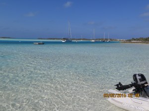 At the beach at Wardrick Wells with Silver Maple moored in the distance