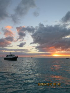 Emerald Lady at sunset in the Exuma Land and Sea Park, Emerald Rock mooring field