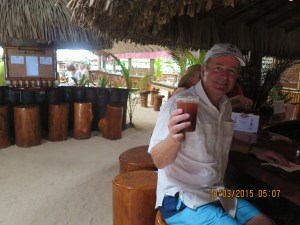 Enjoying the signature beverage at Bloody Mary's Beach Bar