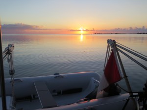 Sunset at Great Sale Cay behind Silver Maples new dingy.