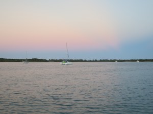 Sunset in Manjack Cay with the other boats anchored there.